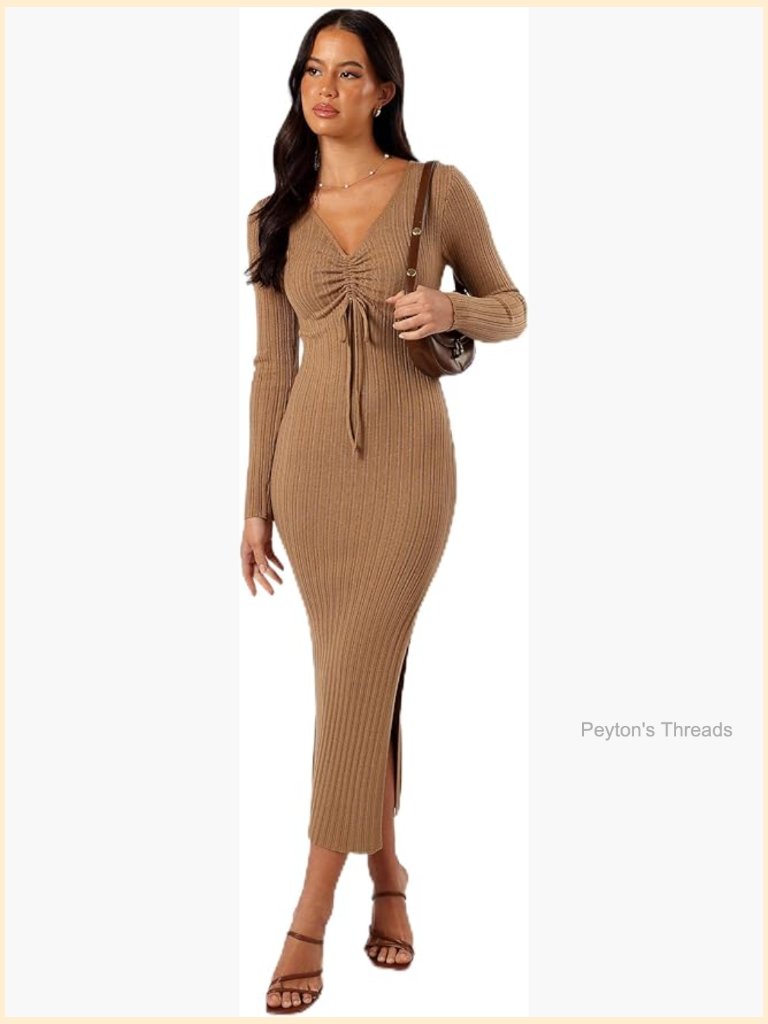 Long Sleeve Midi Dress With Drawstring Detail Ribbed Knit Slim Fit